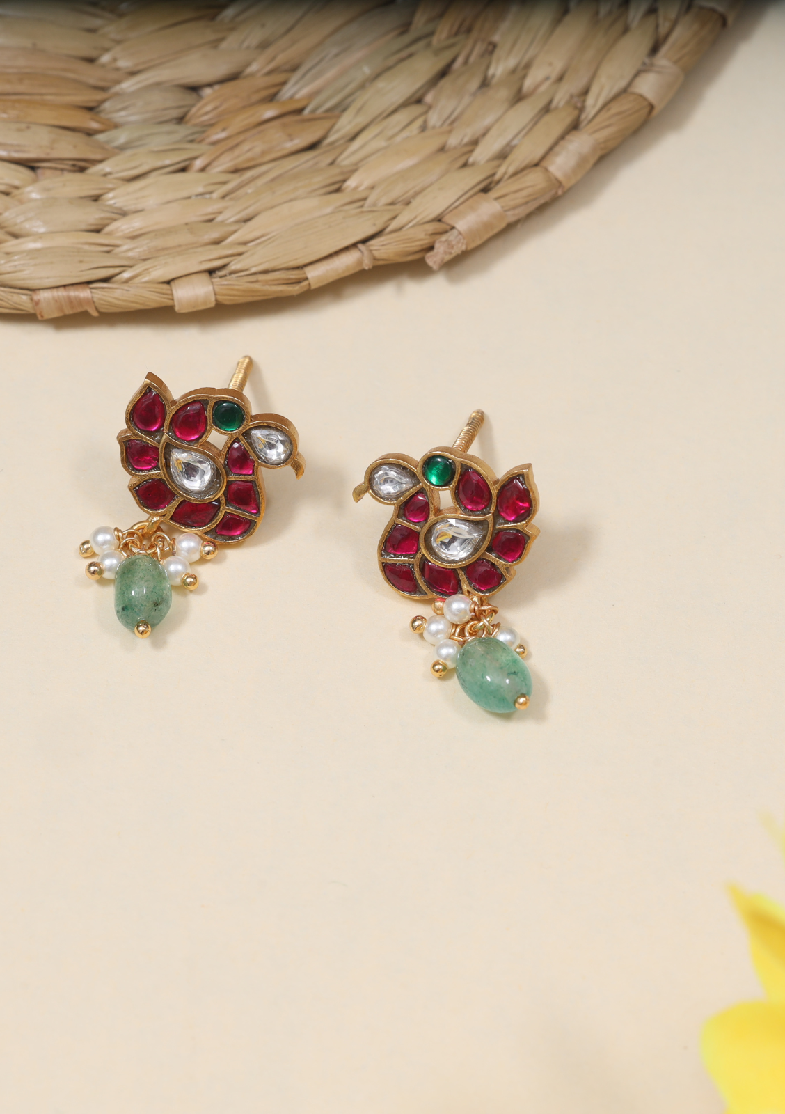 Designer Small Bird Jadau Kundan Stud Earrings with Green Beads