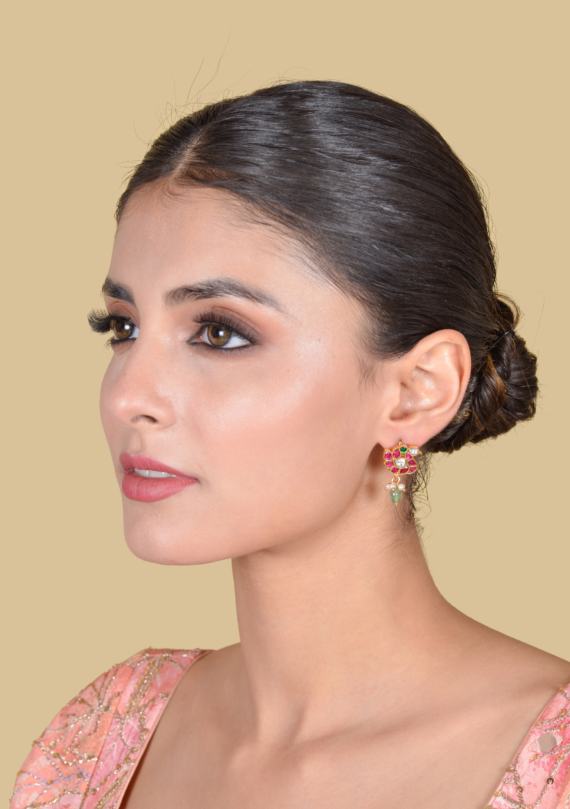 Designer Small Bird Jadau Kundan Stud Earrings with Green Beads