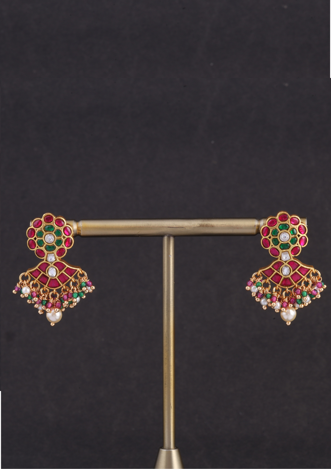 Exclusive Floral Motif Jadau Kundan Earrings with Pearl, Read and and Green Beads Hangings