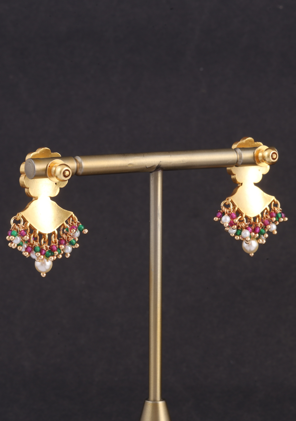 Exclusive Floral Motif Jadau Kundan Earrings with Pearl, Read and and Green Beads Hangings