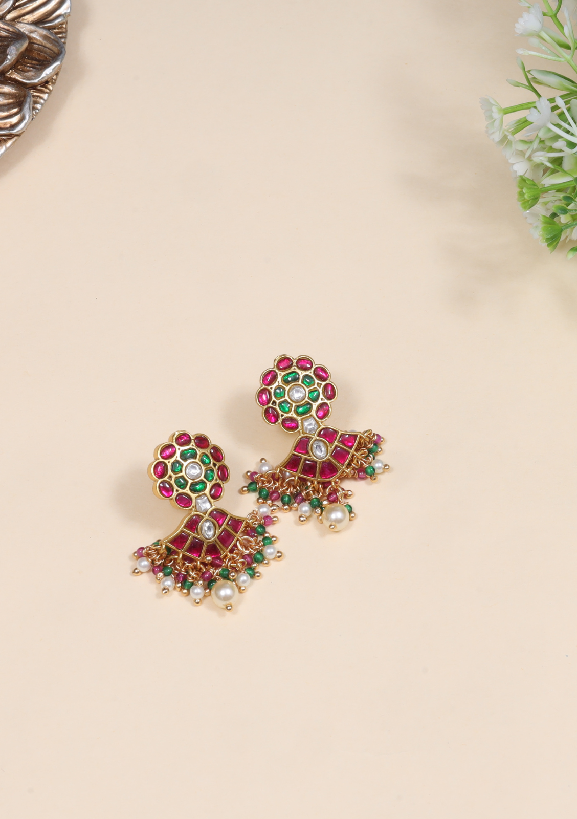 Exclusive Floral Motif Jadau Kundan Earrings with Pearl, Read and and Green Beads Hangings