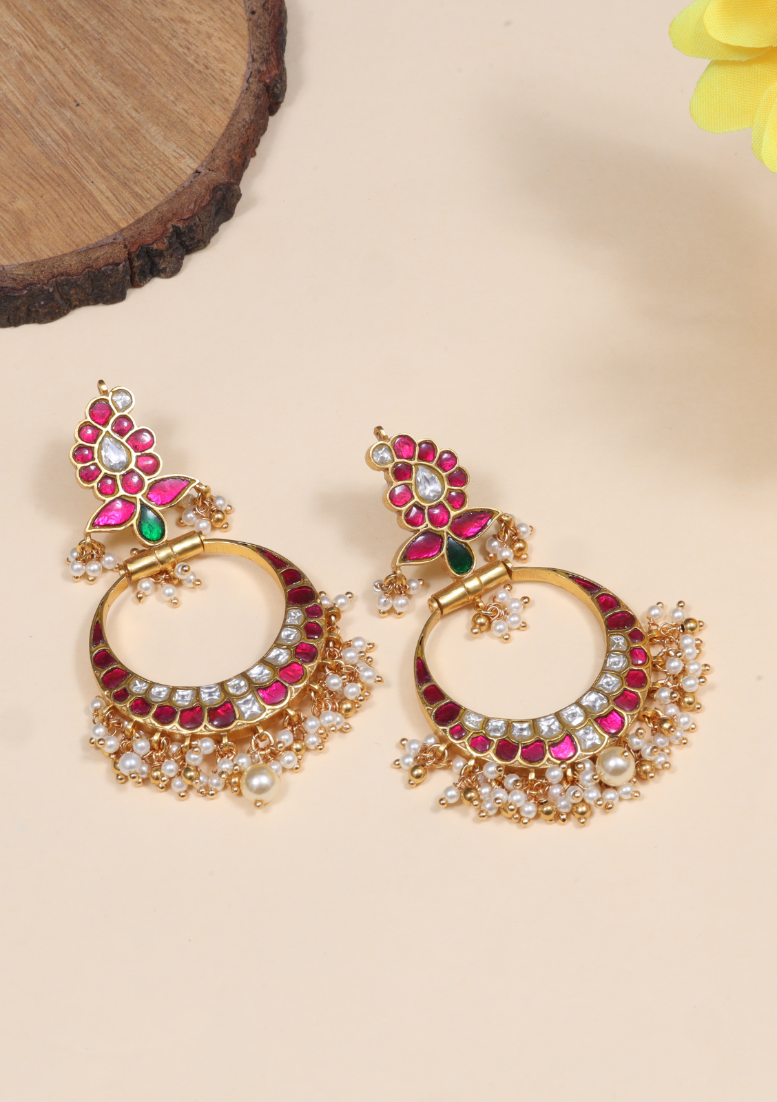 Designer Mango Jadau Kundan Chandbali Earrings with Pearl Beads Hangings