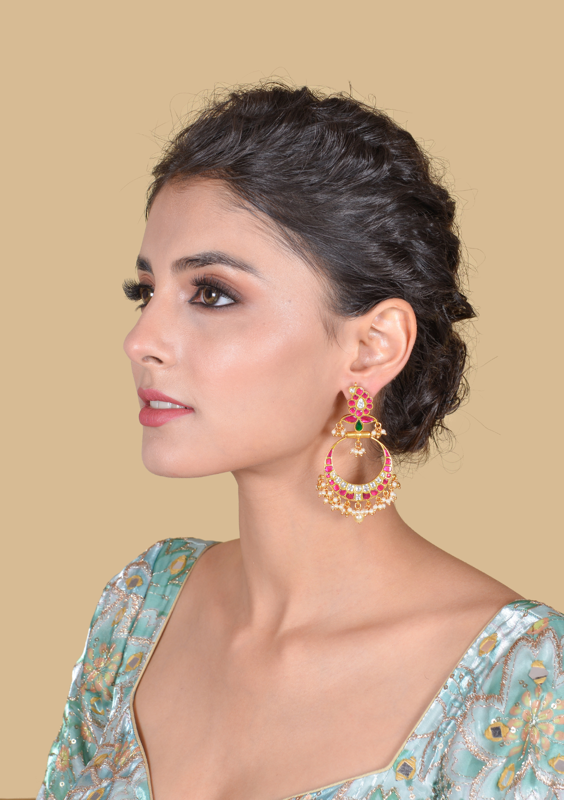 Designer Mango Jadau Kundan Chandbali Earrings with Pearl Beads Hangings