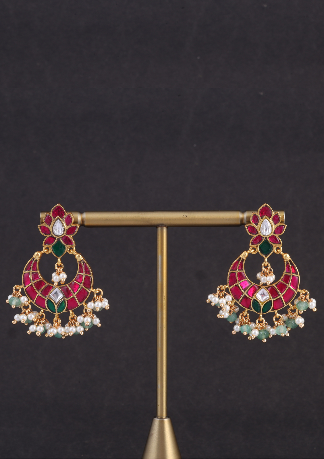 Unique and Stylish Floral Pattern Jadau Kundan Chandbali Earrings With Pearl and Green Beads Hangings