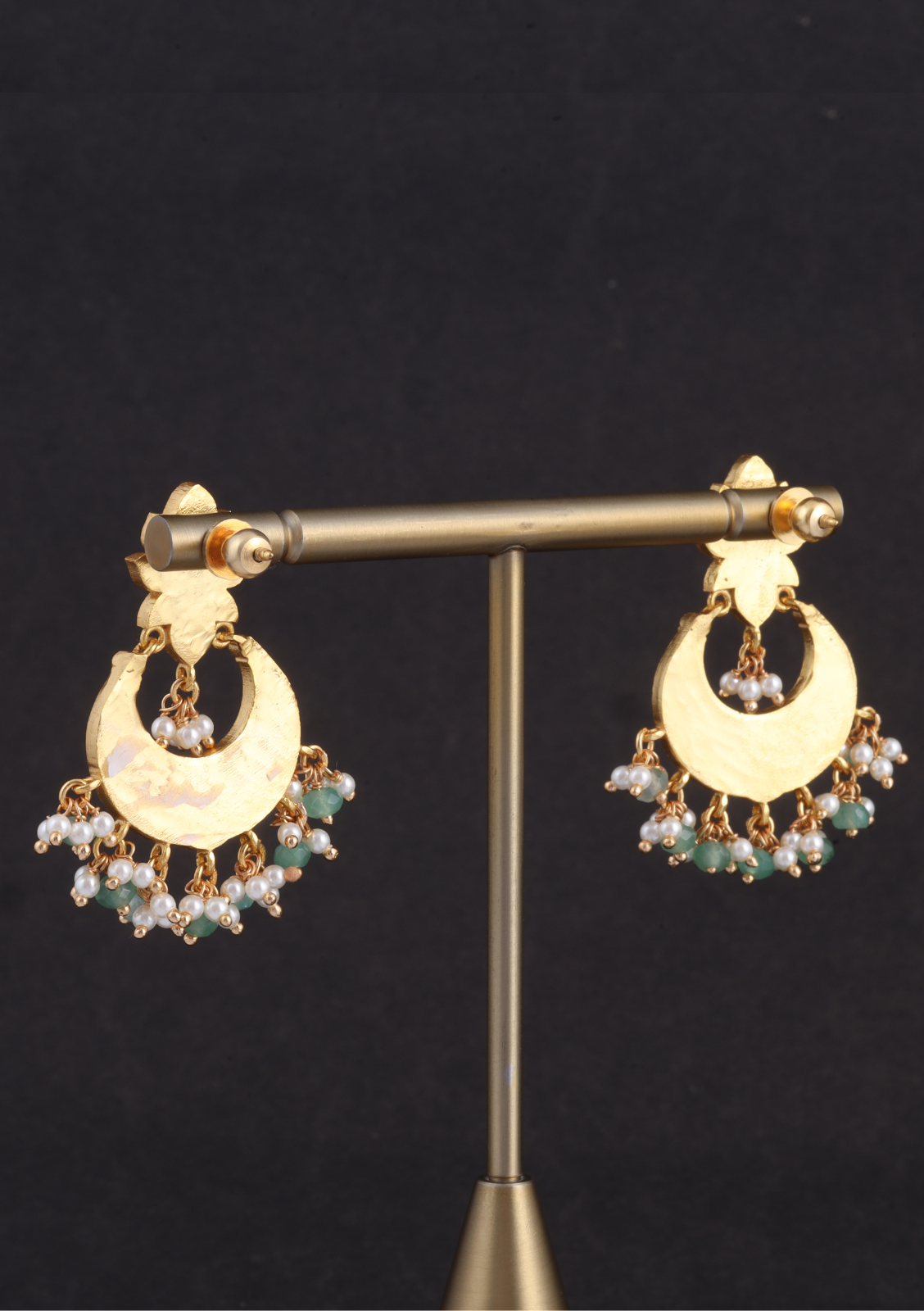 Unique and Stylish Floral Pattern Jadau Kundan Chandbali Earrings With Pearl and Green Beads Hangings