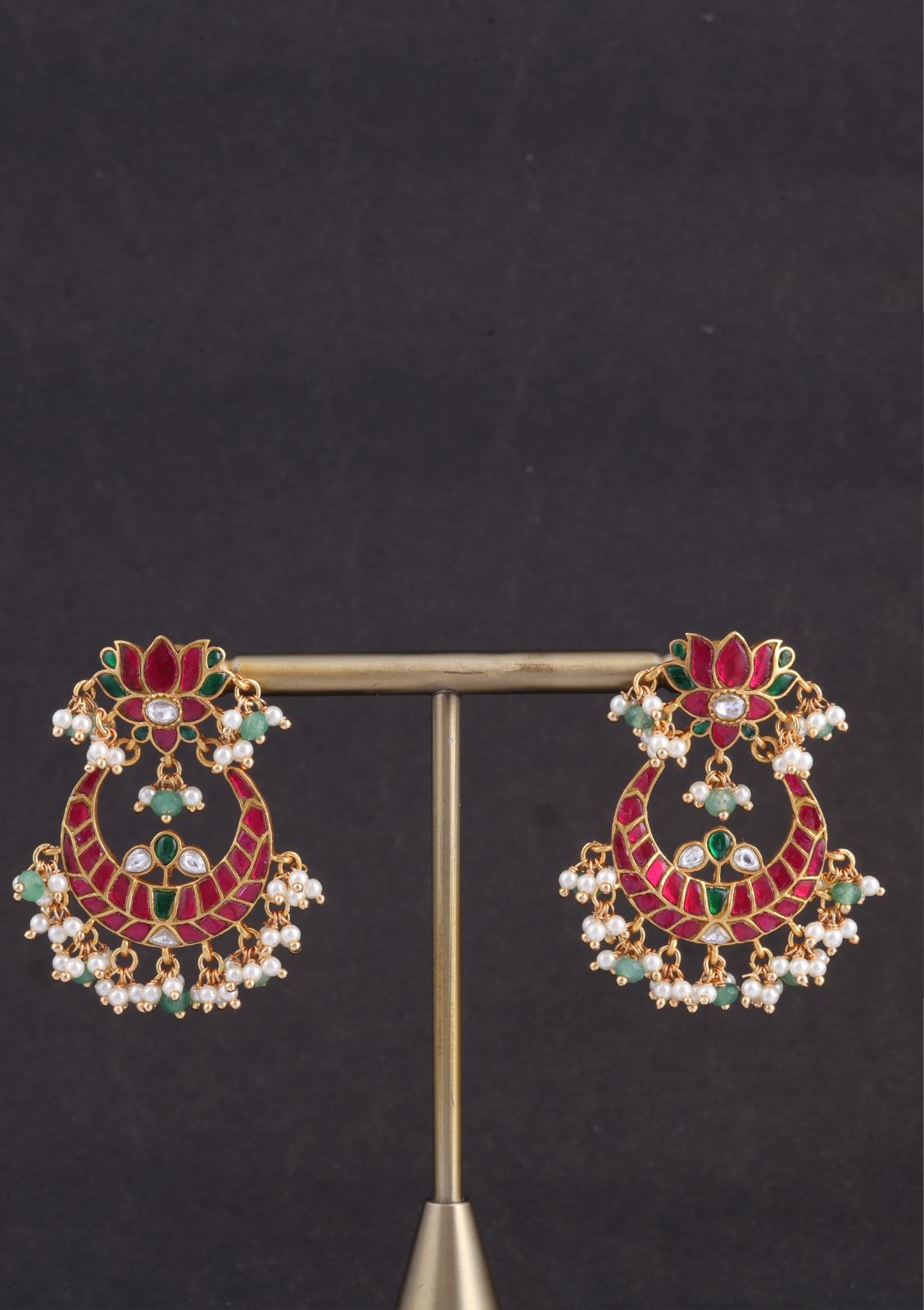 Ravishing Lotus Designer Jadau Kundan Chandbali Earrings with Pearl and Green Beads Hangings