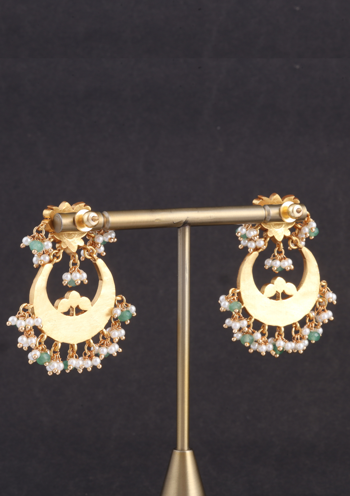 Ravishing Lotus Designer Jadau Kundan Chandbali Earrings with Pearl and Green Beads Hangings
