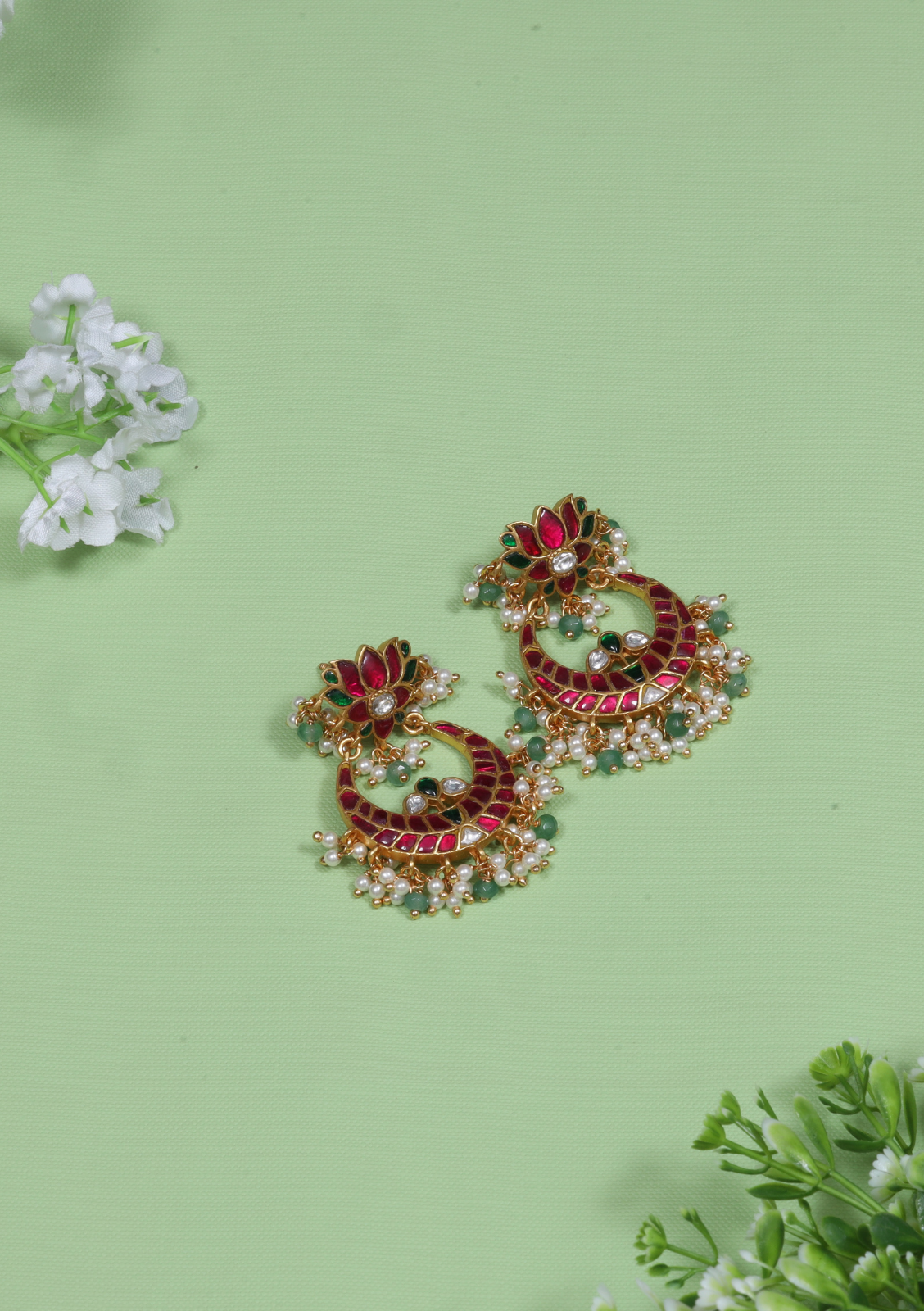 Ravishing Lotus Designer Jadau Kundan Chandbali Earrings with Pearl and Green Beads Hangings