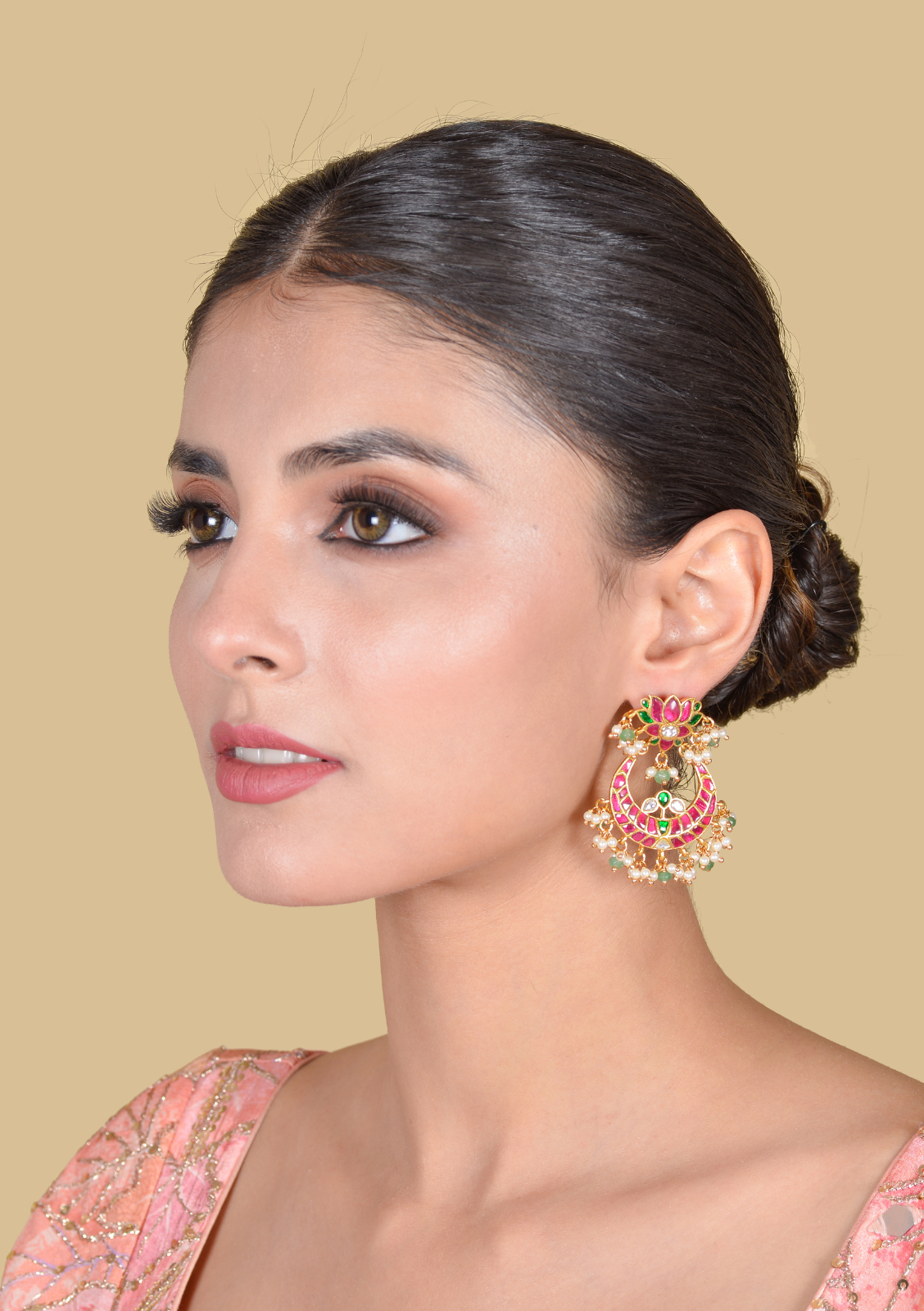 Ravishing Lotus Designer Jadau Kundan Chandbali Earrings with Pearl and Green Beads Hangings