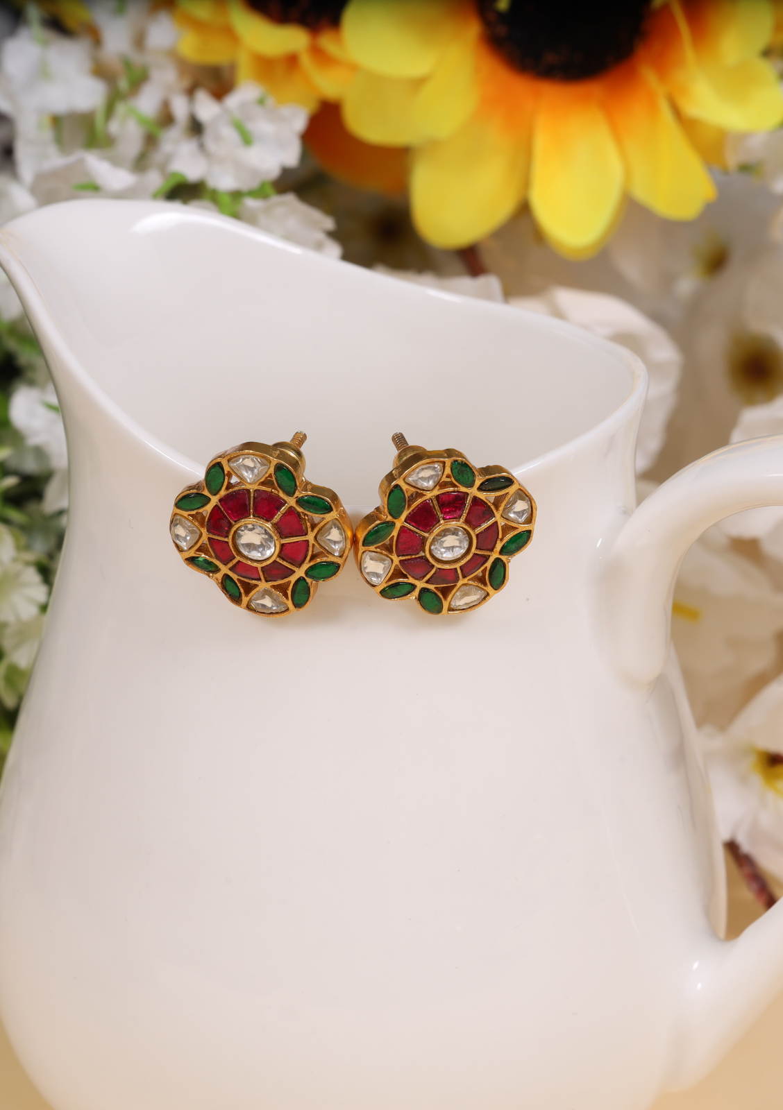 Charming Floral Motif Designer Jadau Kundan Stud Earrings