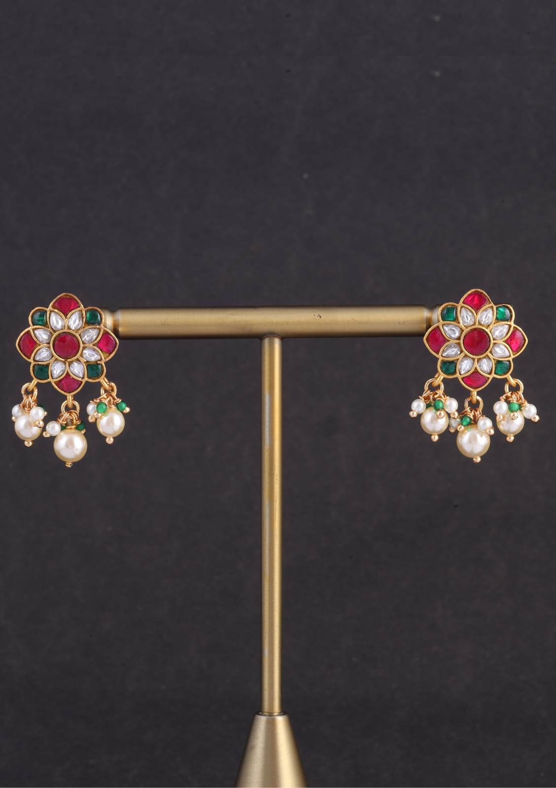 Elegant Floral Motif Designer Jadau Kundan Stud Earrings with Pearl Beads Hangings