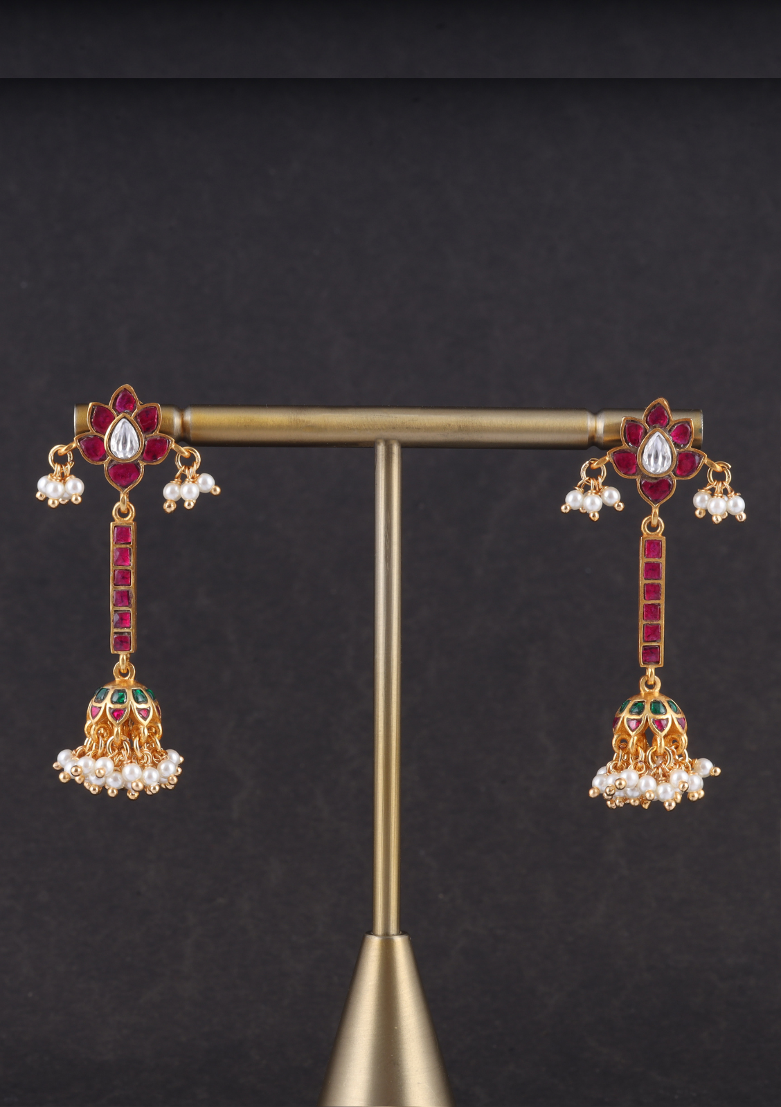 Simple Classic Long Floral Jadau Kundan Jhumka Earrings with Pearls