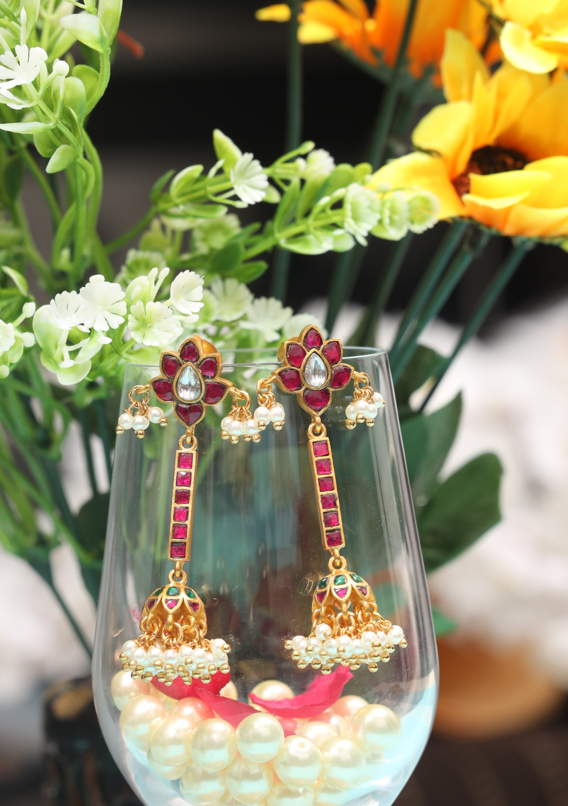 Simple Classic Long Floral Jadau Kundan Jhumka Earrings with Pearls