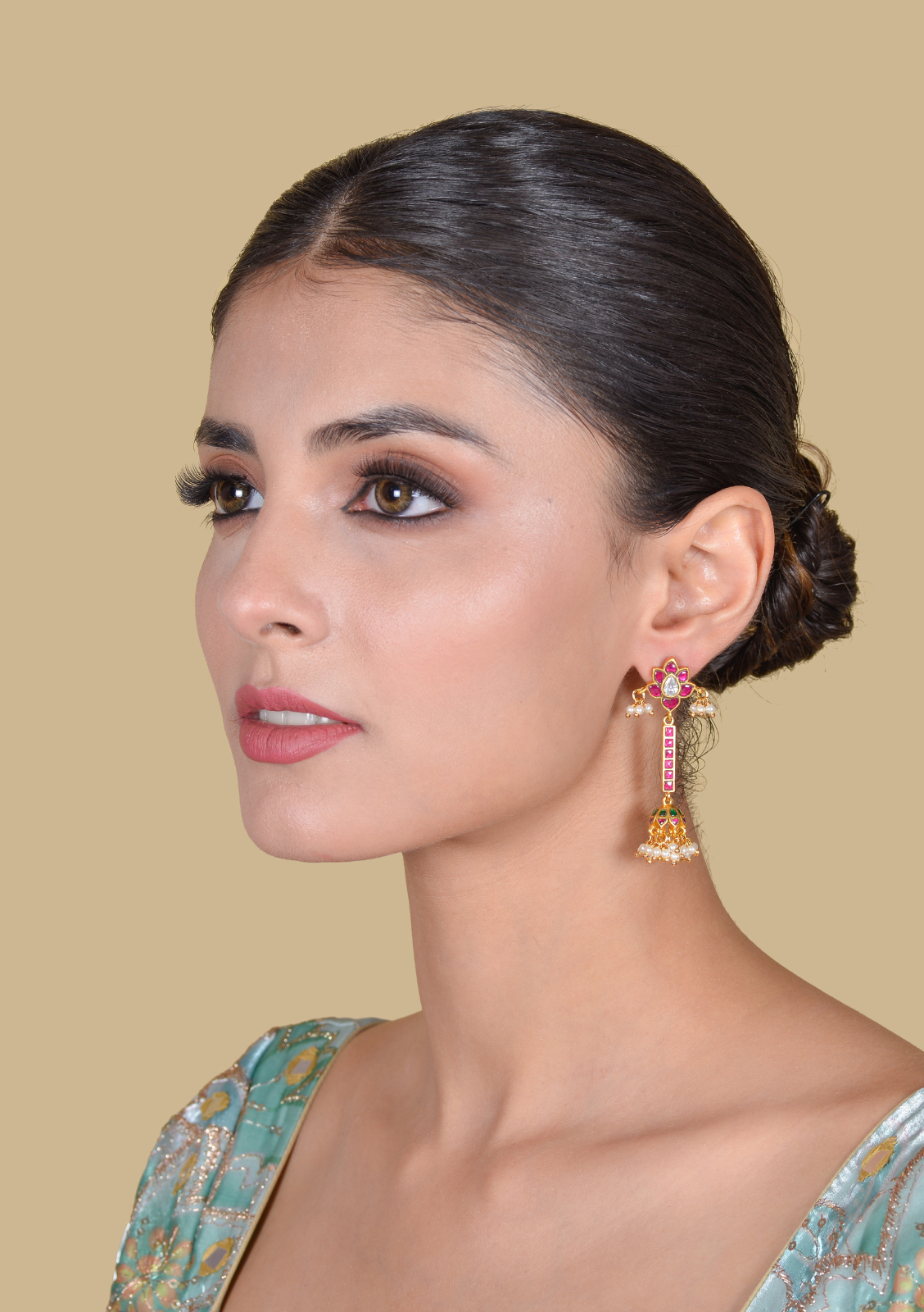 Simple Classic Long Floral Jadau Kundan Jhumka Earrings with Pearls