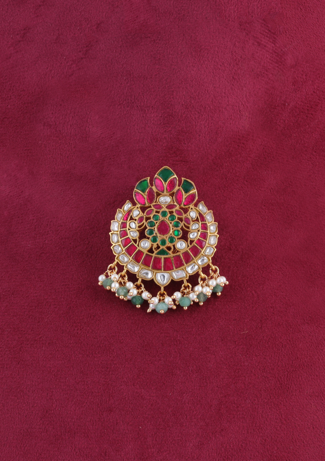 Beautiful Floral Motif Jadau Kundan Hair Pin With Pearl and Green Beads Hangings