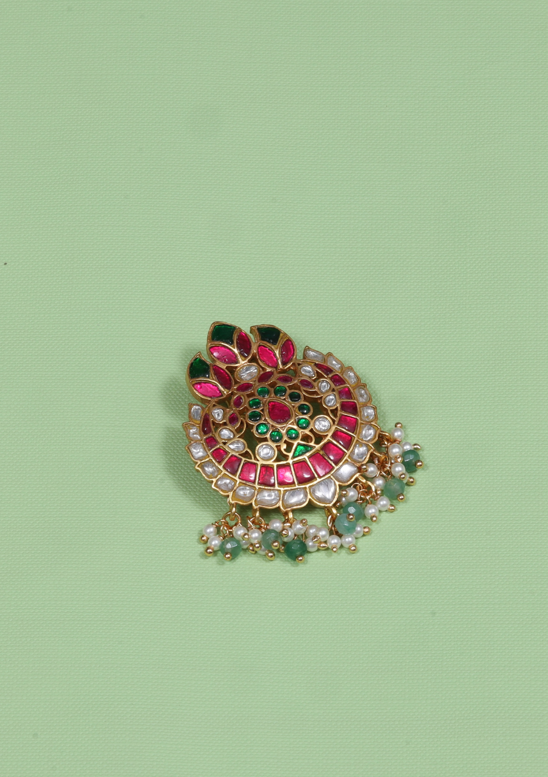 Beautiful Floral Motif Jadau Kundan Hair Pin With Pearl and Green Beads Hangings