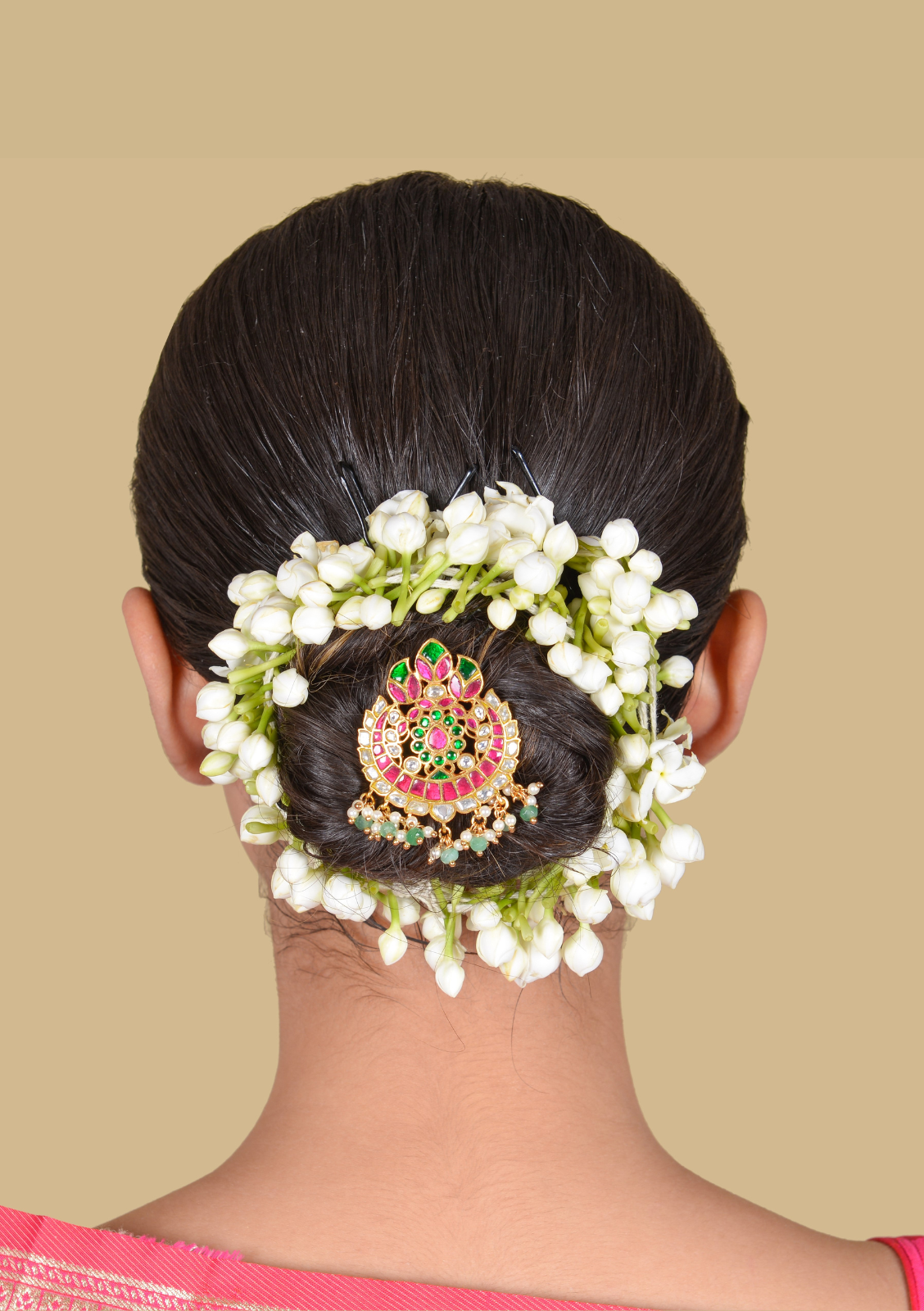 Beautiful Floral Motif Jadau Kundan Hair Pin With Pearl and Green Beads Hangings