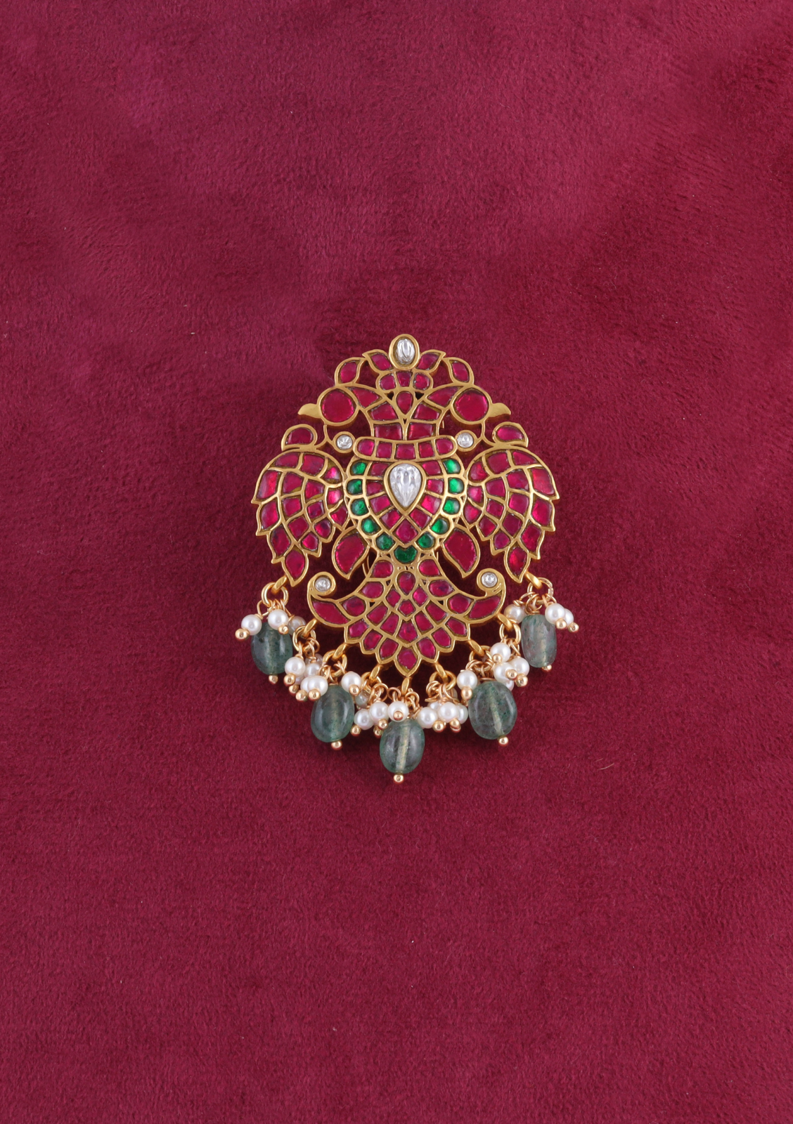 Elegant Designer Garuda Jadau Kundan Hair Pin with Pearl and Green Beads Hangings