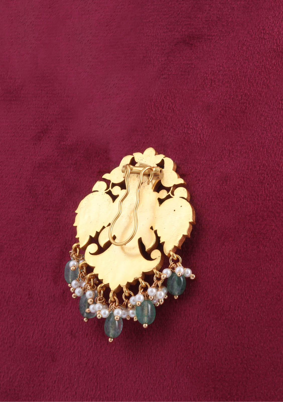 Elegant Designer Garuda Jadau Kundan Hair Pin with Pearl and Green Beads Hangings