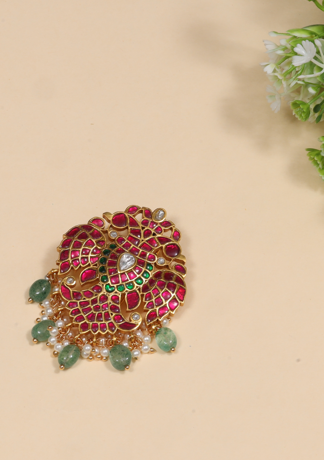 Elegant Designer Garuda Jadau Kundan Hair Pin with Pearl and Green Beads Hangings