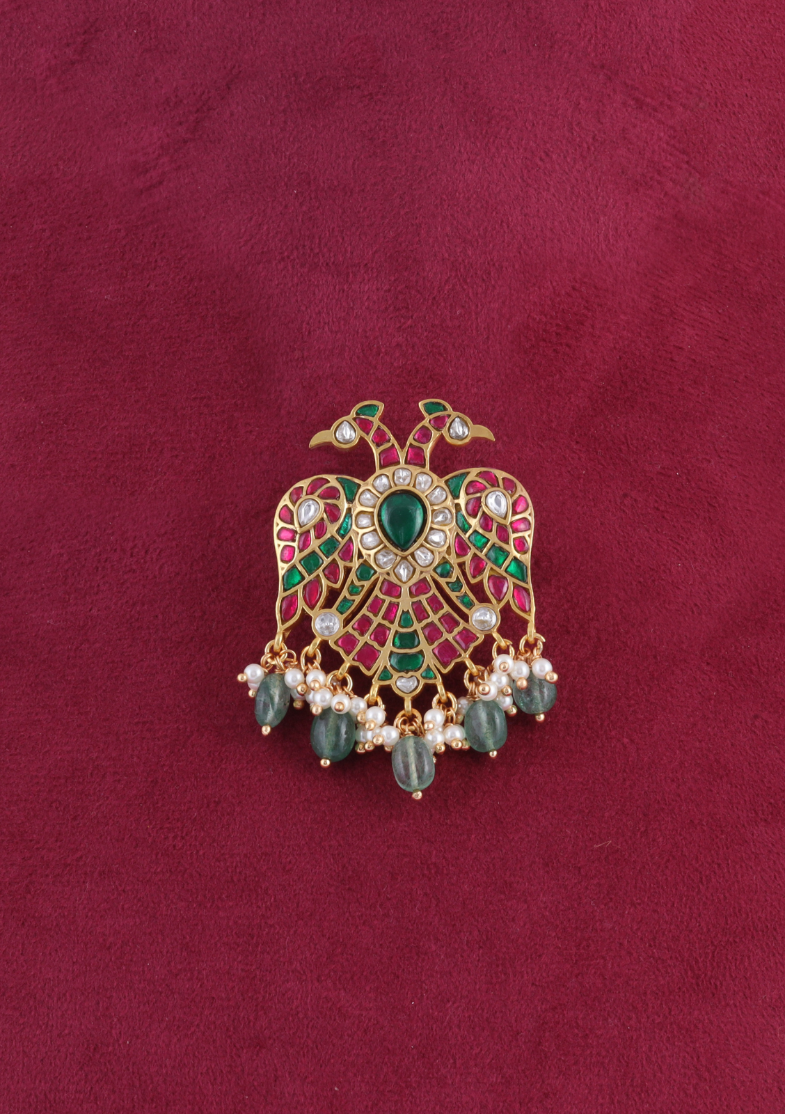 Double Head Garuda Designer Jadau Kundan Hair Pin With Pearl and Green Beads Hangings
