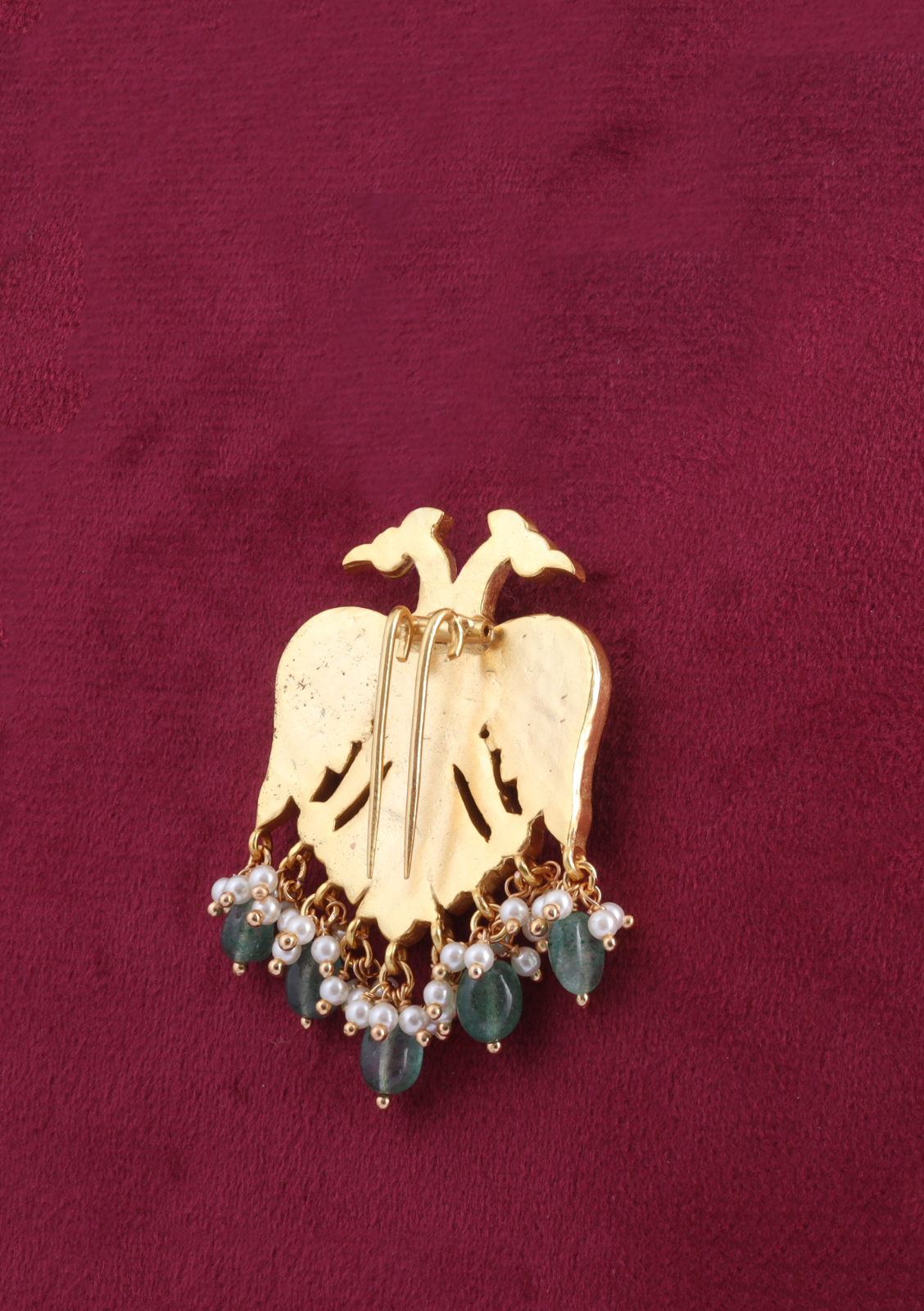 Double Head Garuda Designer Jadau Kundan Hair Pin With Pearl and Green Beads Hangings