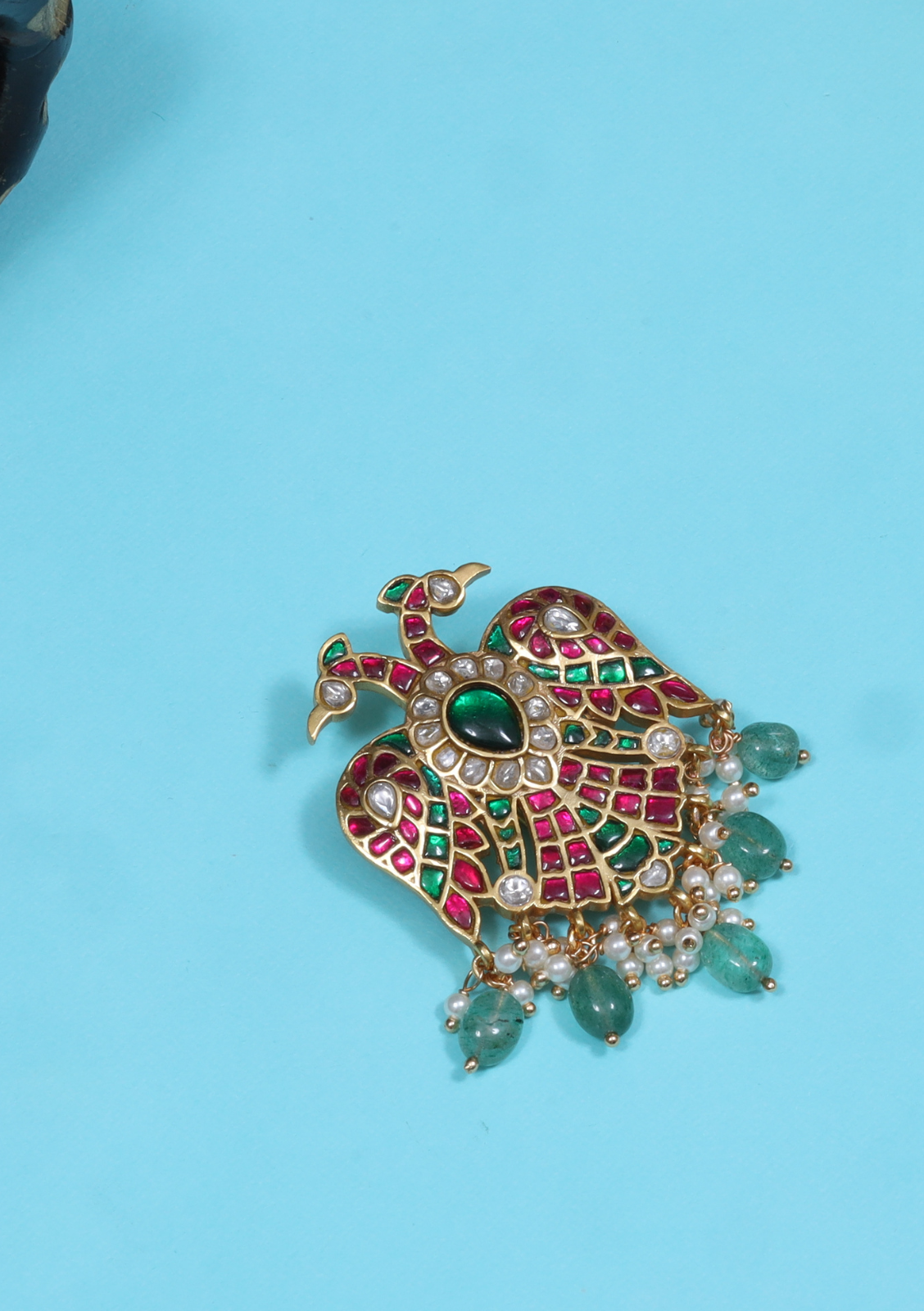 Double Head Garuda Designer Jadau Kundan Hair Pin With Pearl and Green Beads Hangings