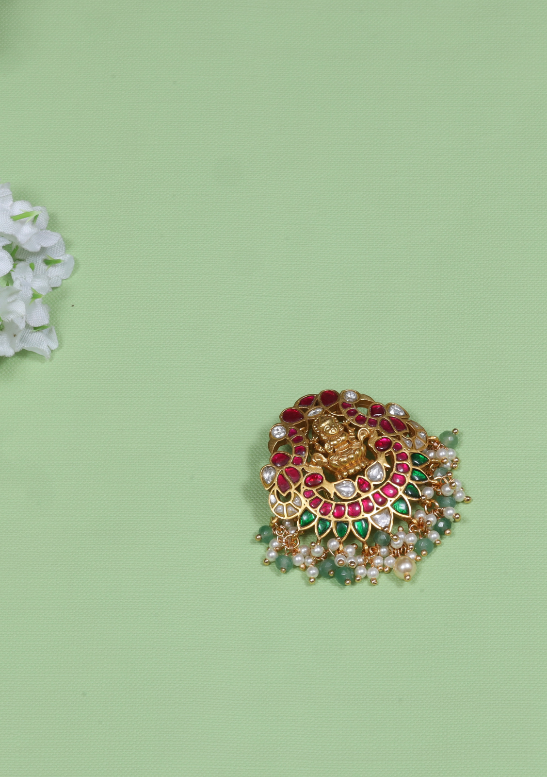 Beautiful Goddess Lakshmi Jadau Kundan Hair Pin with Pearl Hangings