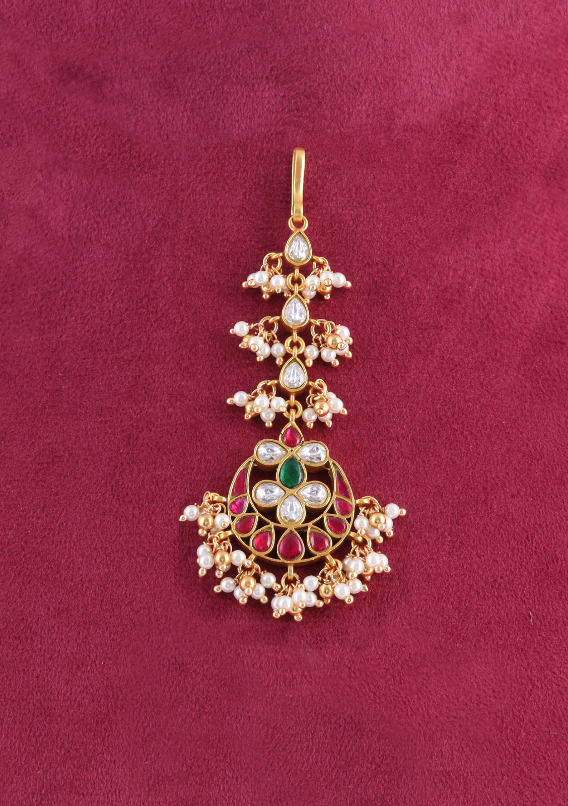 Simple and Elegant Jadau Kundan Maangtikka With Beautiful Pearls and Colour Stones Beads Hangings