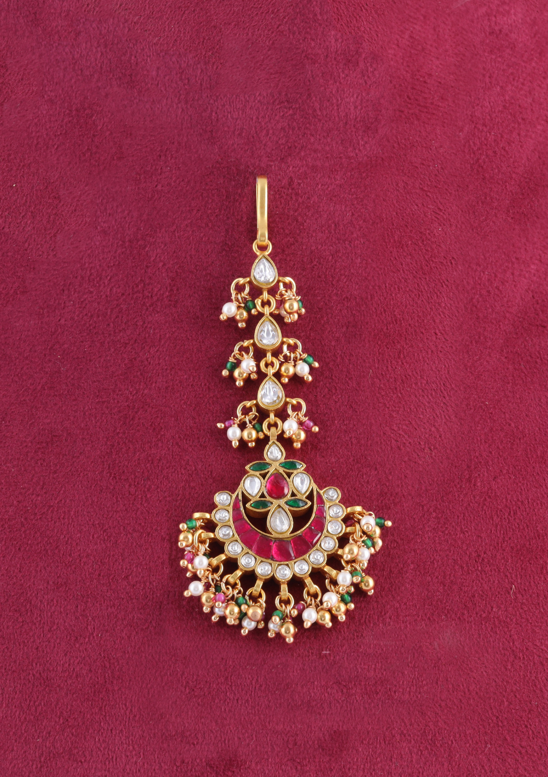 Delicate Designer Jadau Kundan Maangtikka With Beautiful Pearls and Colour Stones Beads Hangings