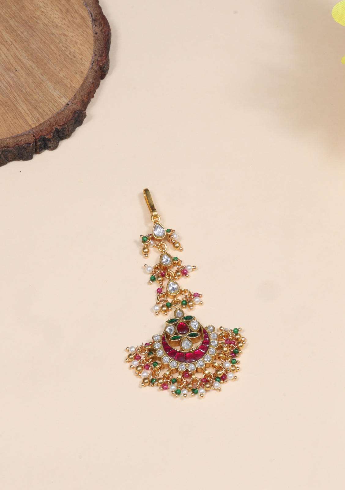 Delicate Designer Jadau Kundan Maangtikka With Beautiful Pearls and Colour Stones Beads Hangings