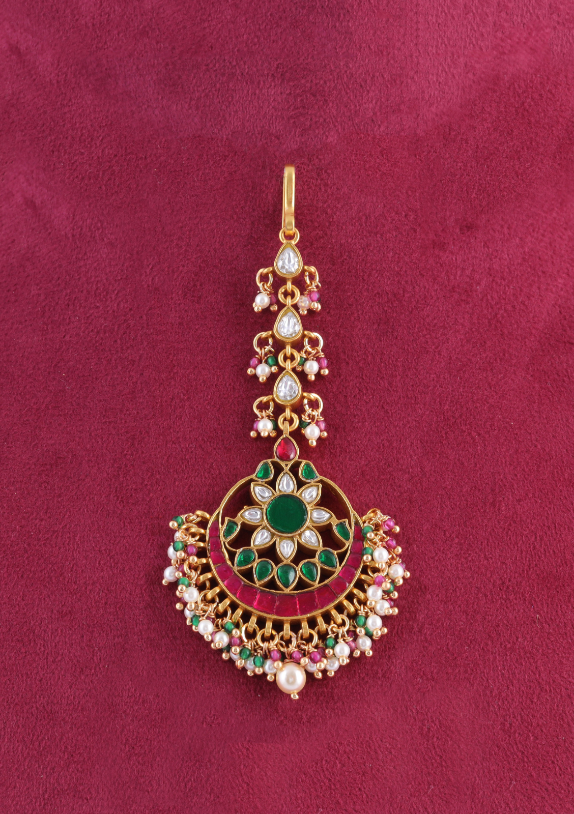Classic Floral Jadau Kundan Maangtikka With Beautiful Pearls and Colour Stones Beads Hangings
