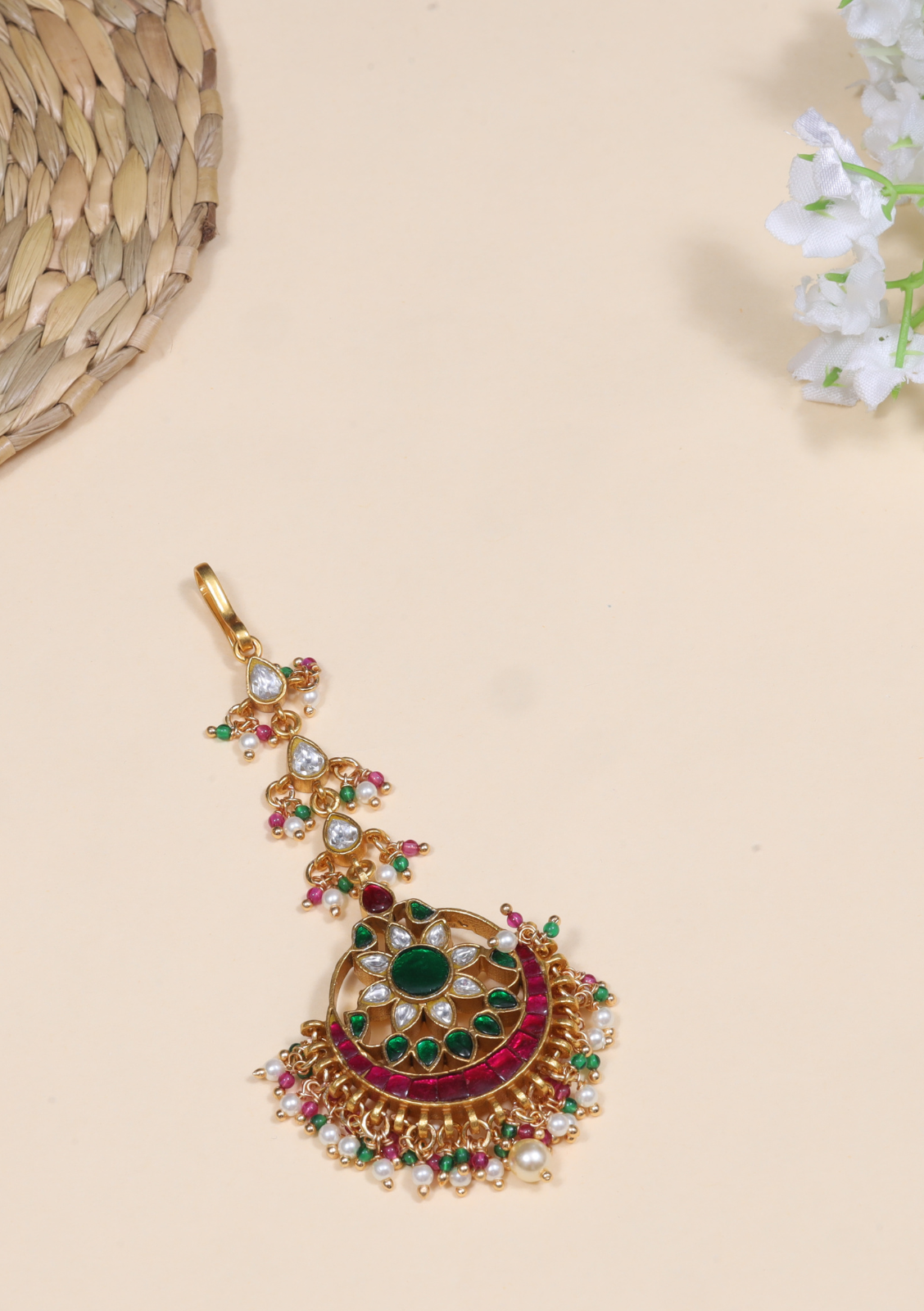 Classic Floral Jadau Kundan Maangtikka With Beautiful Pearls and Colour Stones Beads Hangings