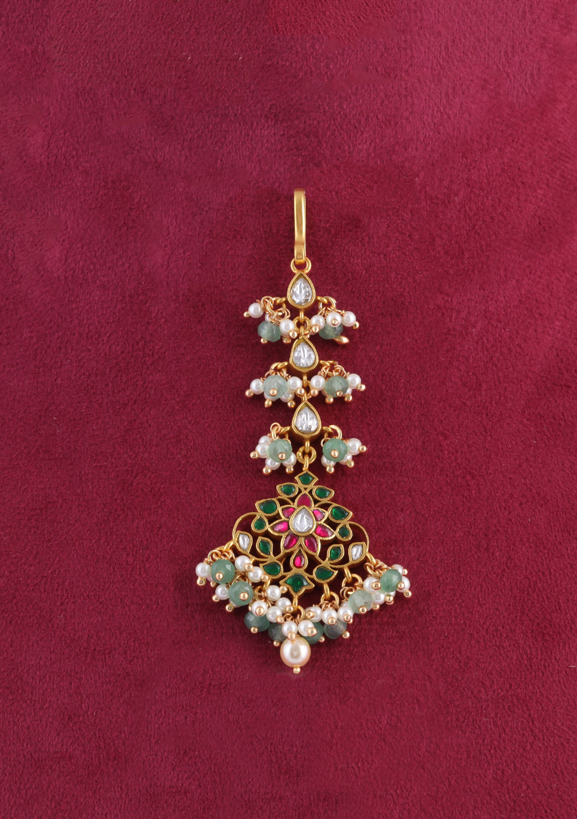 Simple Designer Jadau Kundan Maangtikka with Pearls and Green Beads Hangings