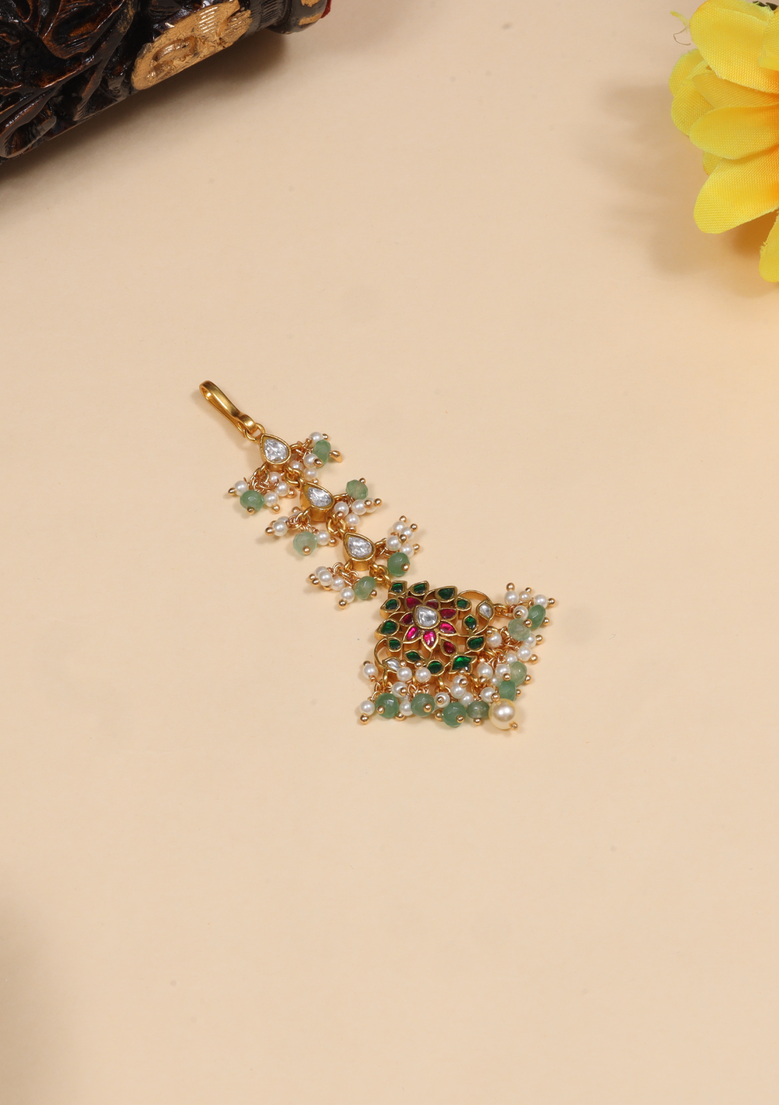Simple Designer Jadau Kundan Maangtikka with Pearls and Green Beads Hangings