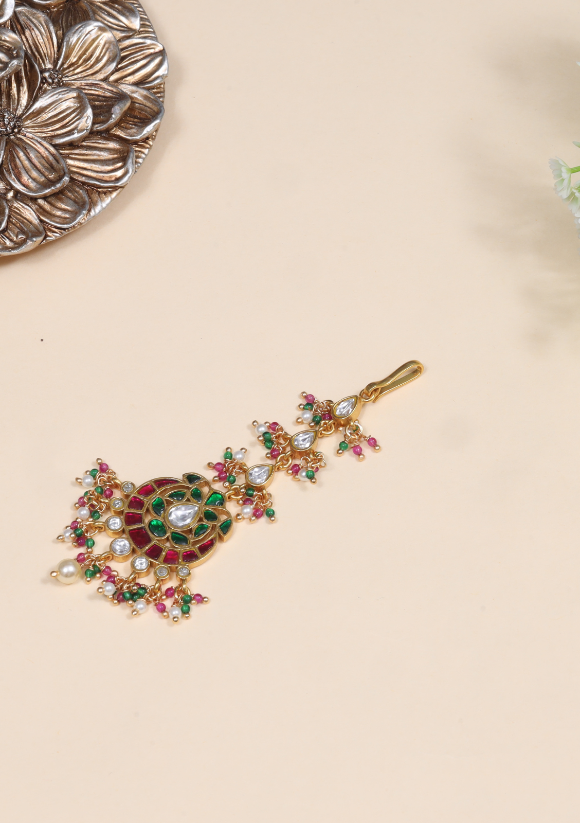 Gorgeous Designer Jadau Kundan Maangtikka With Pearls and Colour Stones Beads Hangings