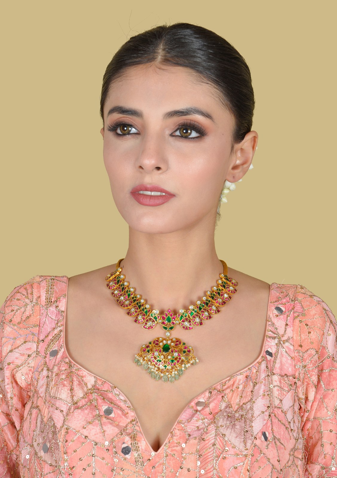 Traditional Style Mango Jadau Kundan Necklace with Emerald Green Beads Hangings