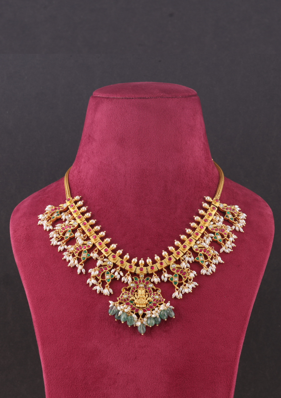 Lakshmi Motif Designer Guttapusalu Necklace with Pearls and Emerald beads Hangings