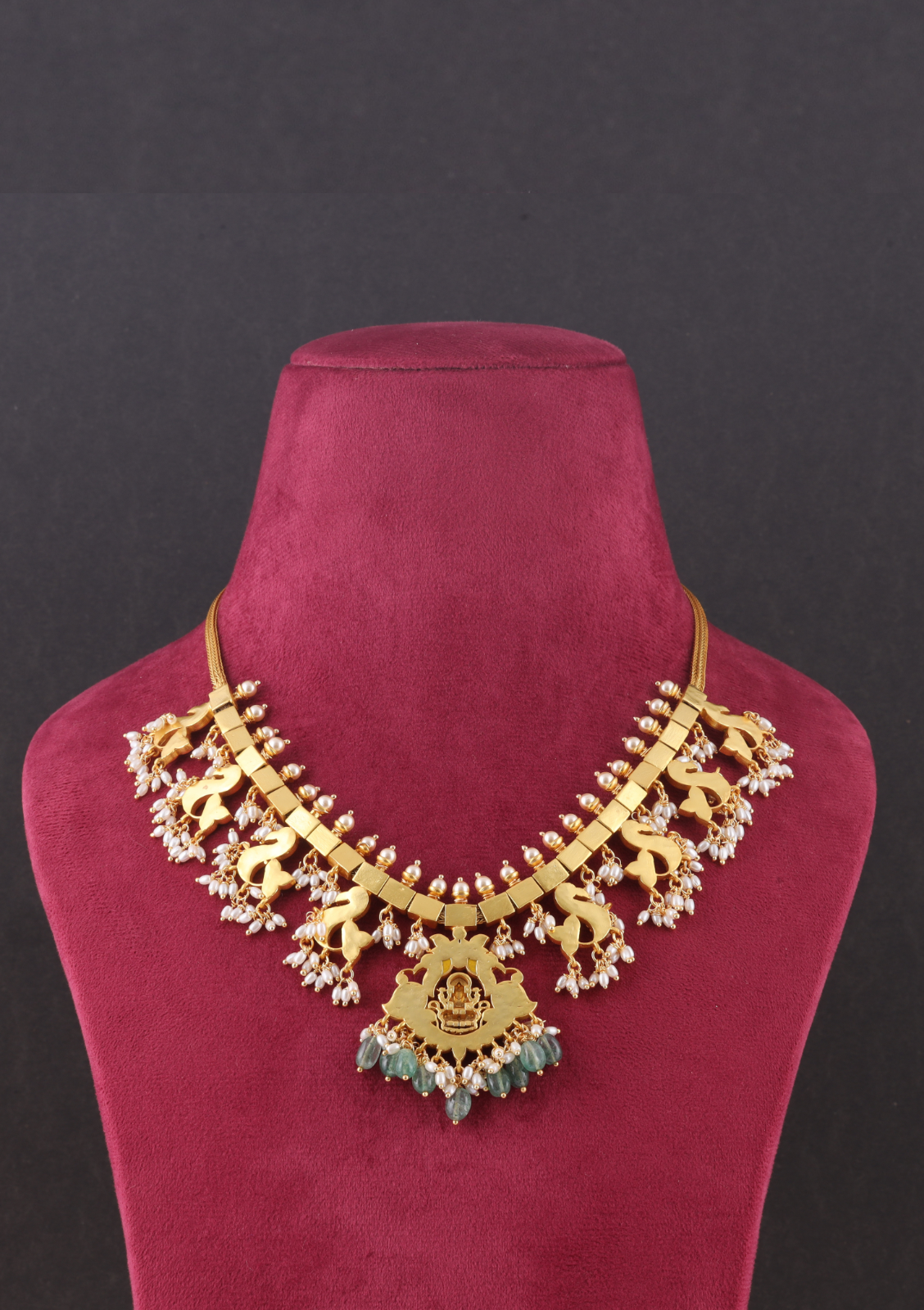 Lakshmi Motif Designer Guttapusalu Necklace with Pearls and Emerald beads Hangings