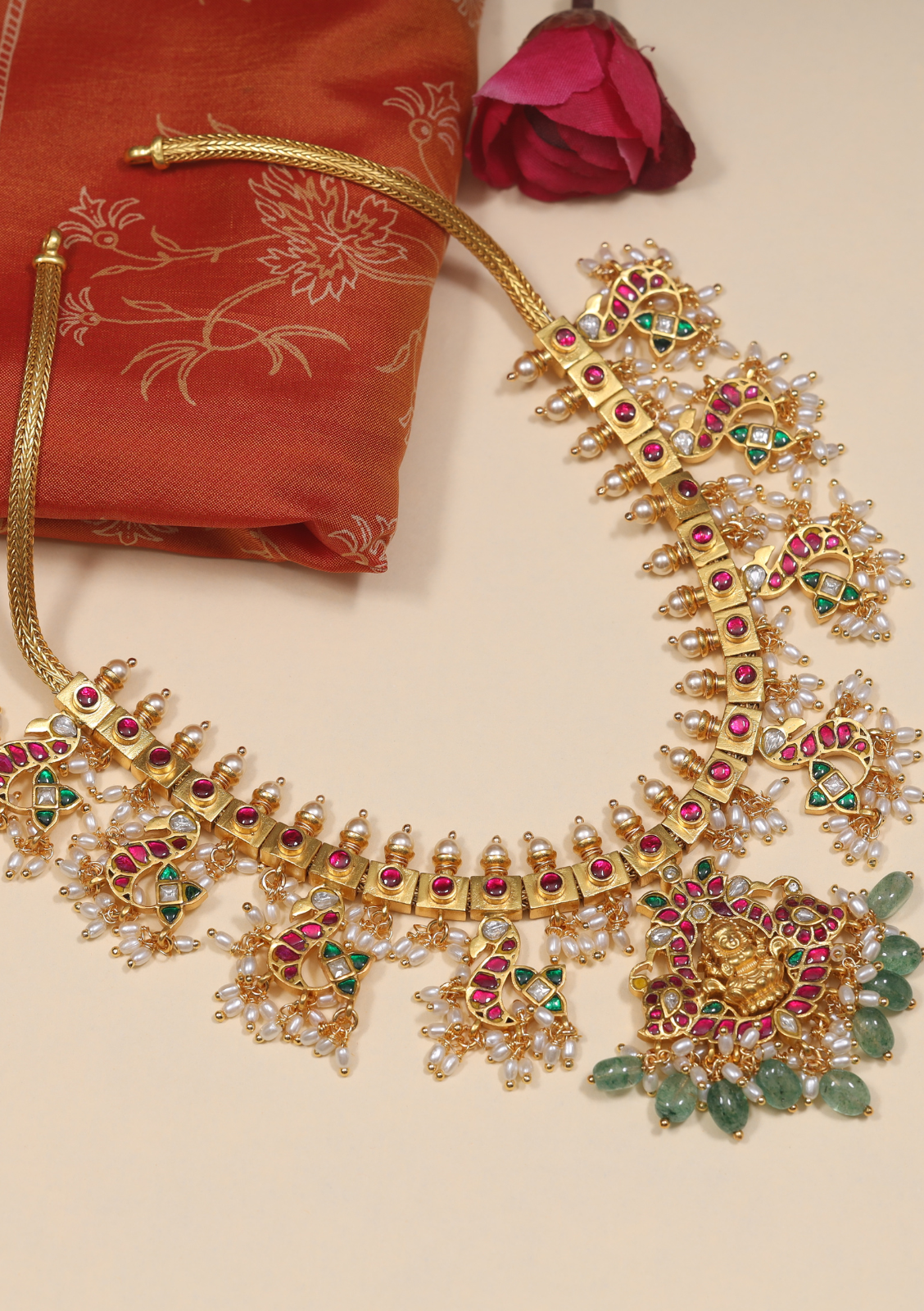 Lakshmi Motif Designer Guttapusalu Necklace with Pearls and Emerald beads Hangings