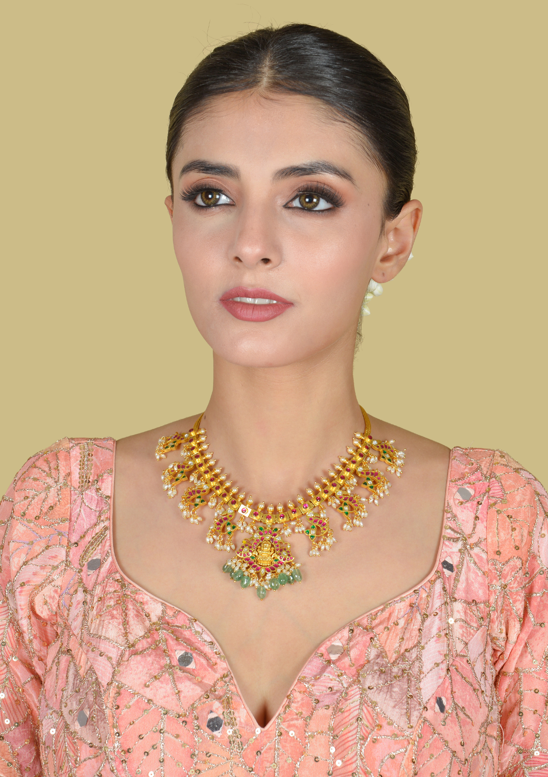 Lakshmi Motif Designer Guttapusalu Necklace with Pearls and Emerald beads Hangings