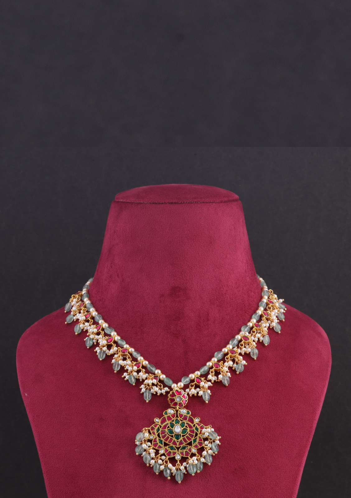 Designer Classic Jadau Kundan Necklace with Emerald Green Beads Hangings