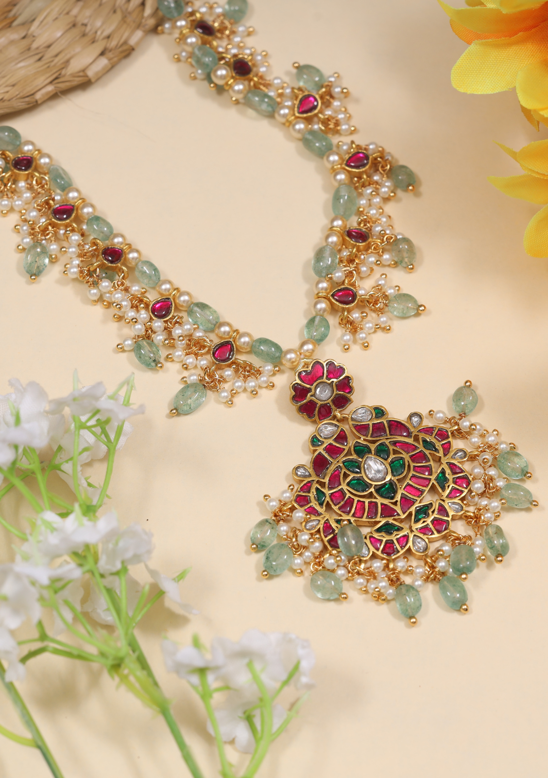 Designer Classic Jadau Kundan Necklace with Emerald Green Beads Hangings