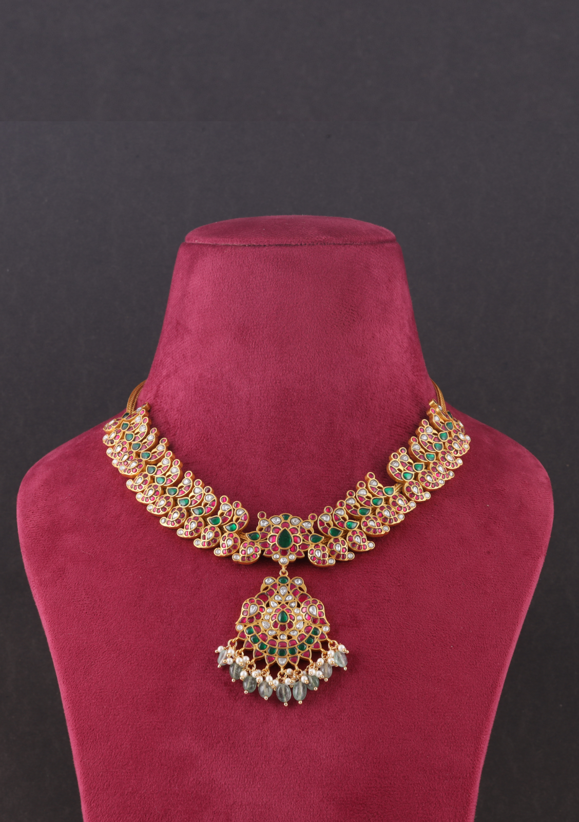 Elegant Peacock Moltif Real Jadau Kundan fine work Necklace with Emeralds Green Beads Hangings