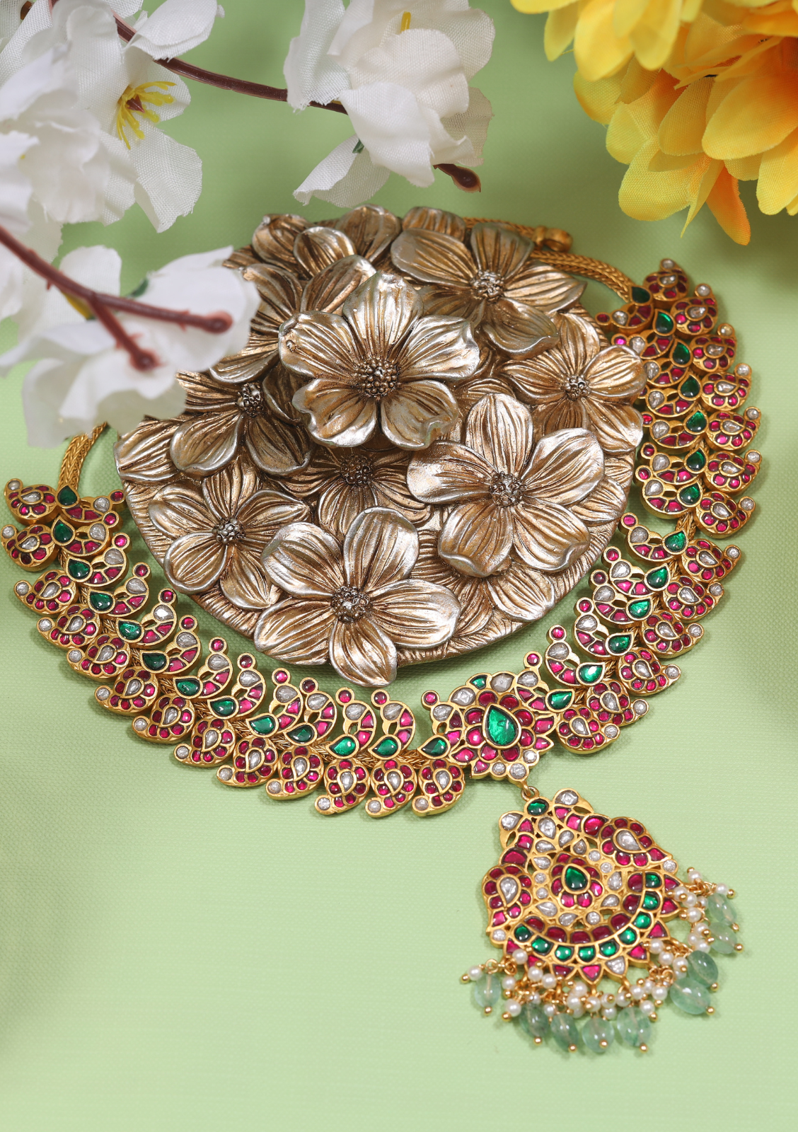 Elegant Peacock Moltif Real Jadau Kundan fine work Necklace with Emeralds Green Beads Hangings