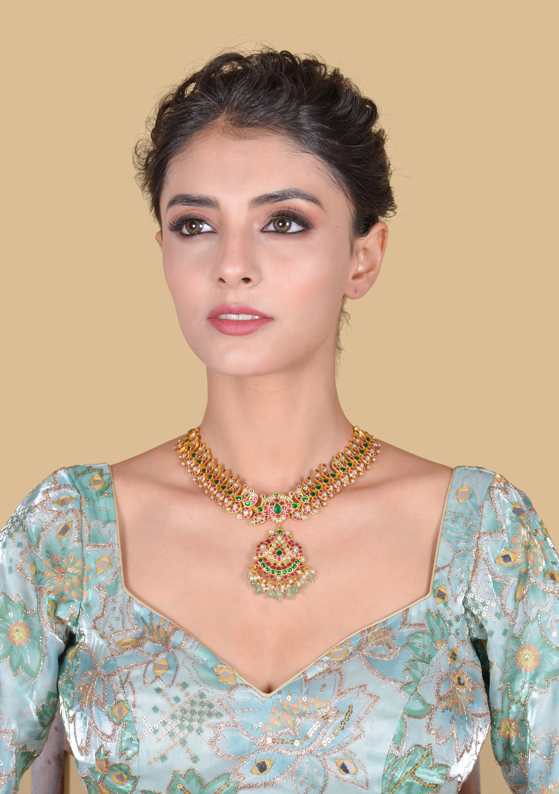 Elegant Peacock Moltif Real Jadau Kundan fine work Necklace with Emeralds Green Beads Hangings