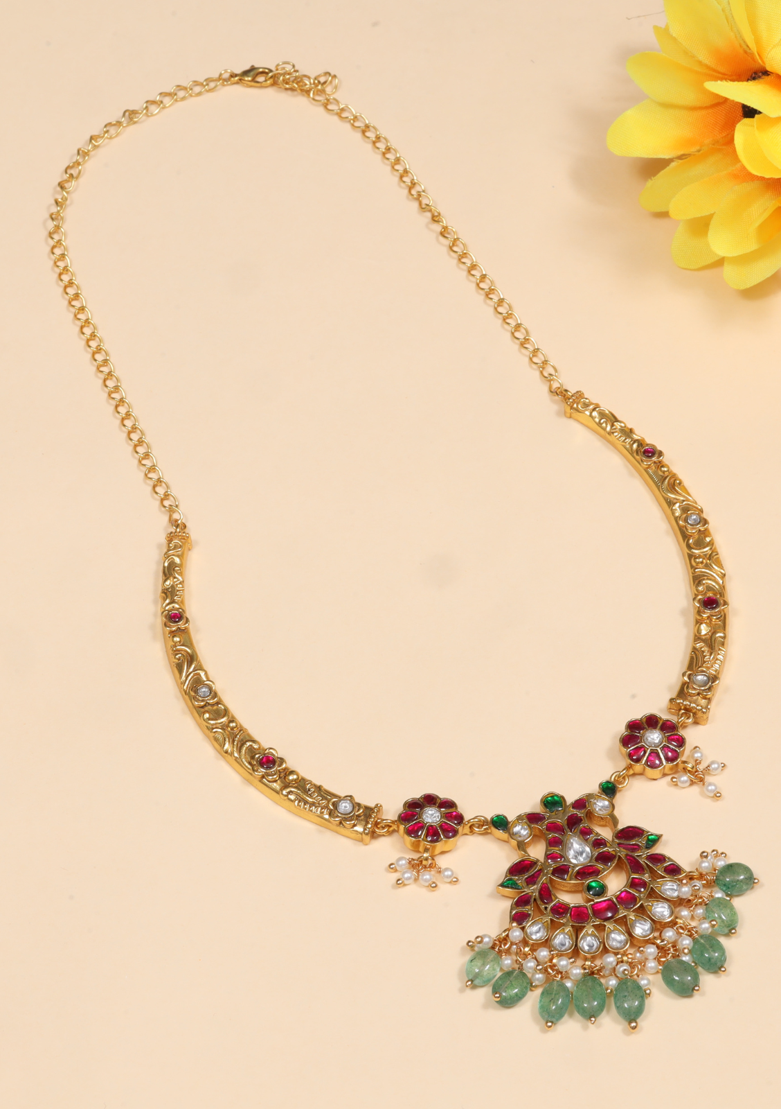 Opulent Designer Jadau Kundan Hasli Necklace with Green Emerald Hangings