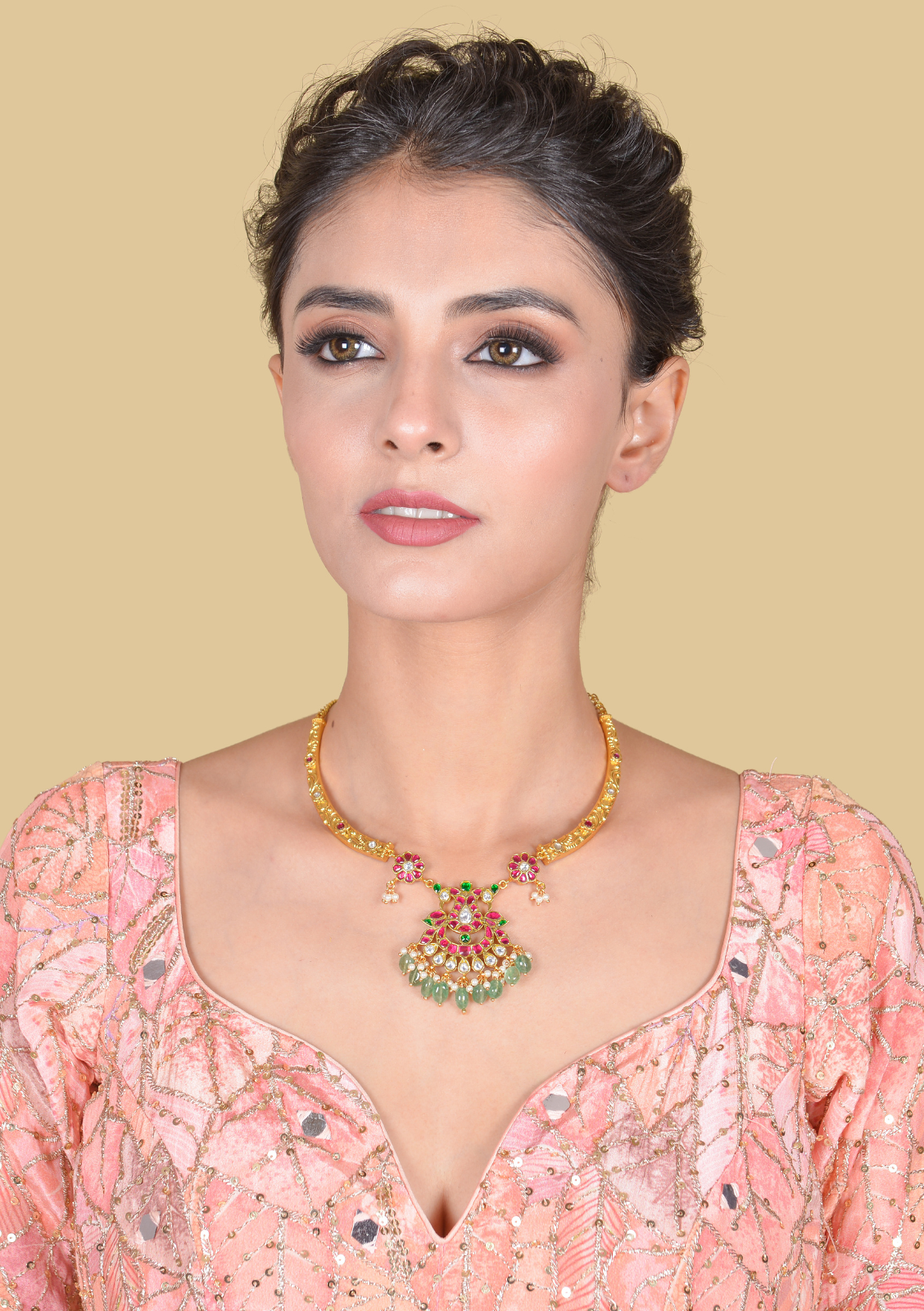 Opulent Designer Jadau Kundan Hasli Necklace with Green Emerald Hangings