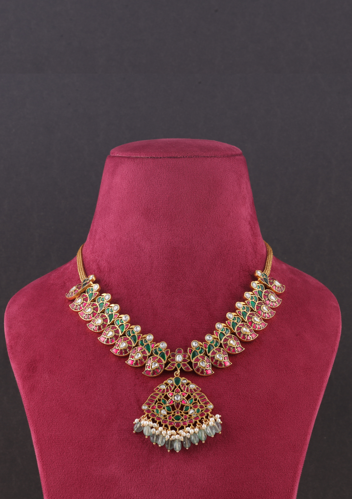 Elegant Designer Peacock Necklace with Real Jadau Kundan, Pearls, and Emerald Green Beads Hangings
