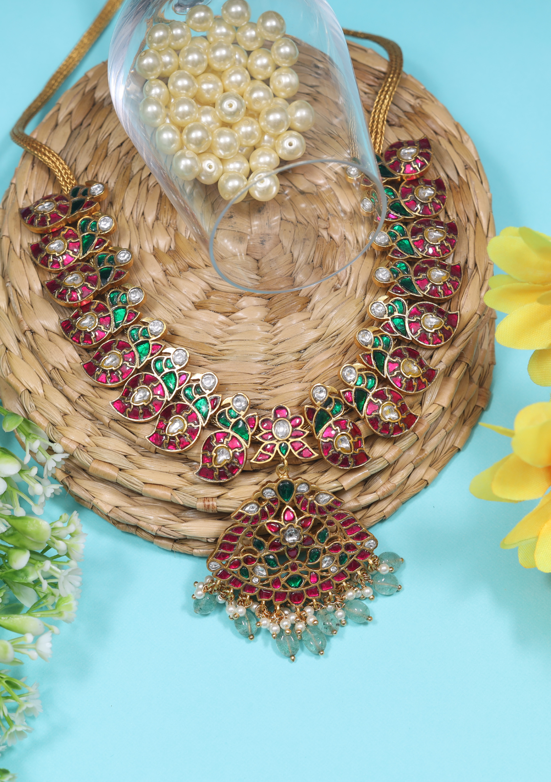 Elegant Designer Peacock Necklace with Real Jadau Kundan, Pearls, and Emerald Green Beads Hangings